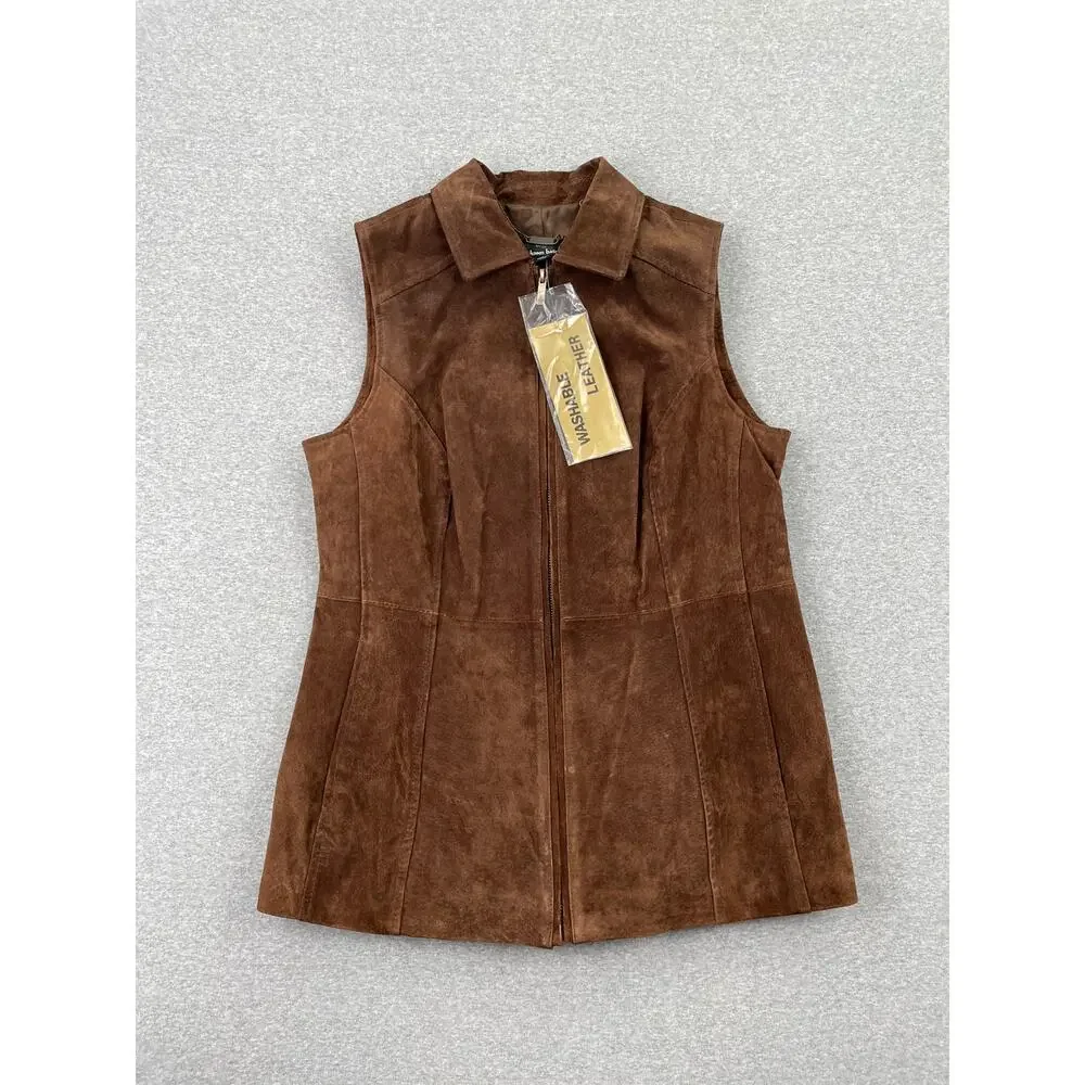VTG 90s Dennis Basso Leather Vest Womens S Chocolate Brown Full Zip Suede Jacket